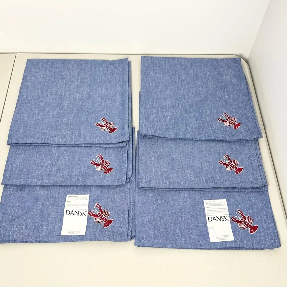 New Set of 6 Dansk Denim Lobster Embroidered Cloth Napkins